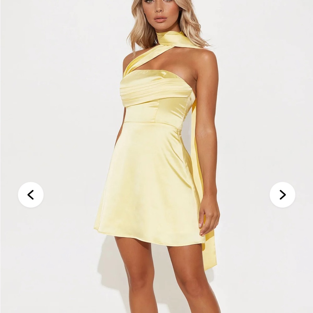Fashion Nova Pale Yellow Asymmetric Satin Mini Dress